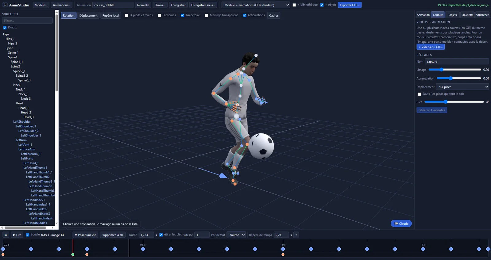 AnimStudio : un joueur 3D animé, avec son squelette et ses courbes de mouvement.